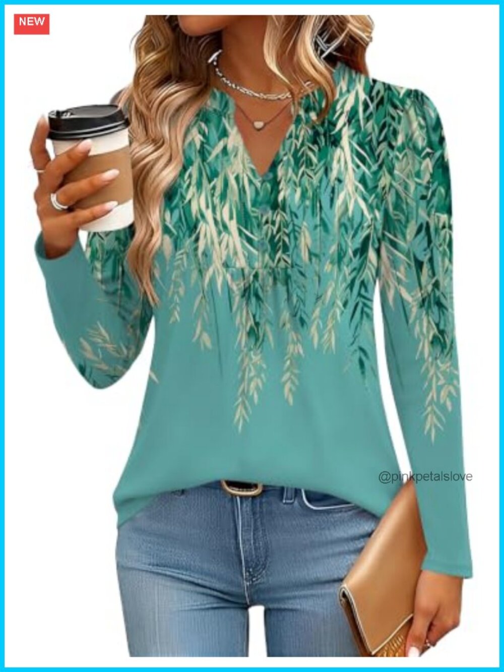 Women's Long Sleeve Pleated Henley V-Neck Tunic Blouse